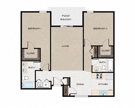 Floor plan for 2 beds, 2 baths, 1025 sqft